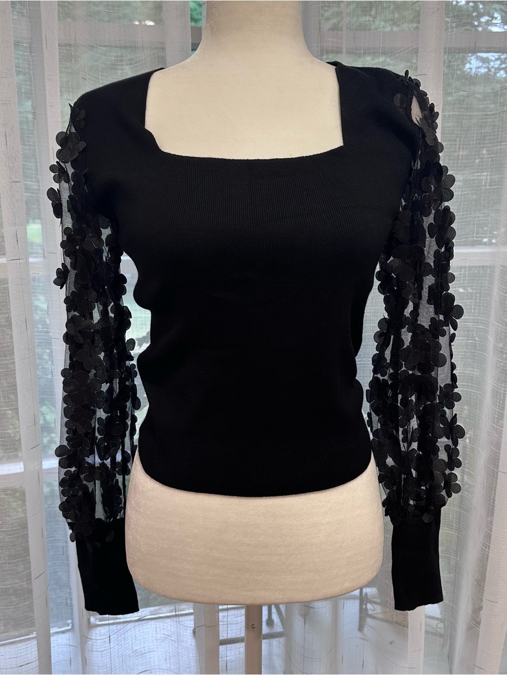QED London Black Square-Neck Knit Top with Floral Appliqué Sheer Sleeves Size S